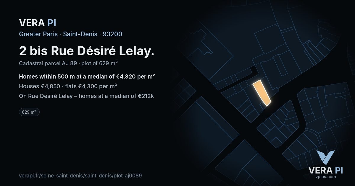 2 bis Rue Désiré Lelay, Saint-Denis at night – the plot lit, the parcels around coloured by the prices near them