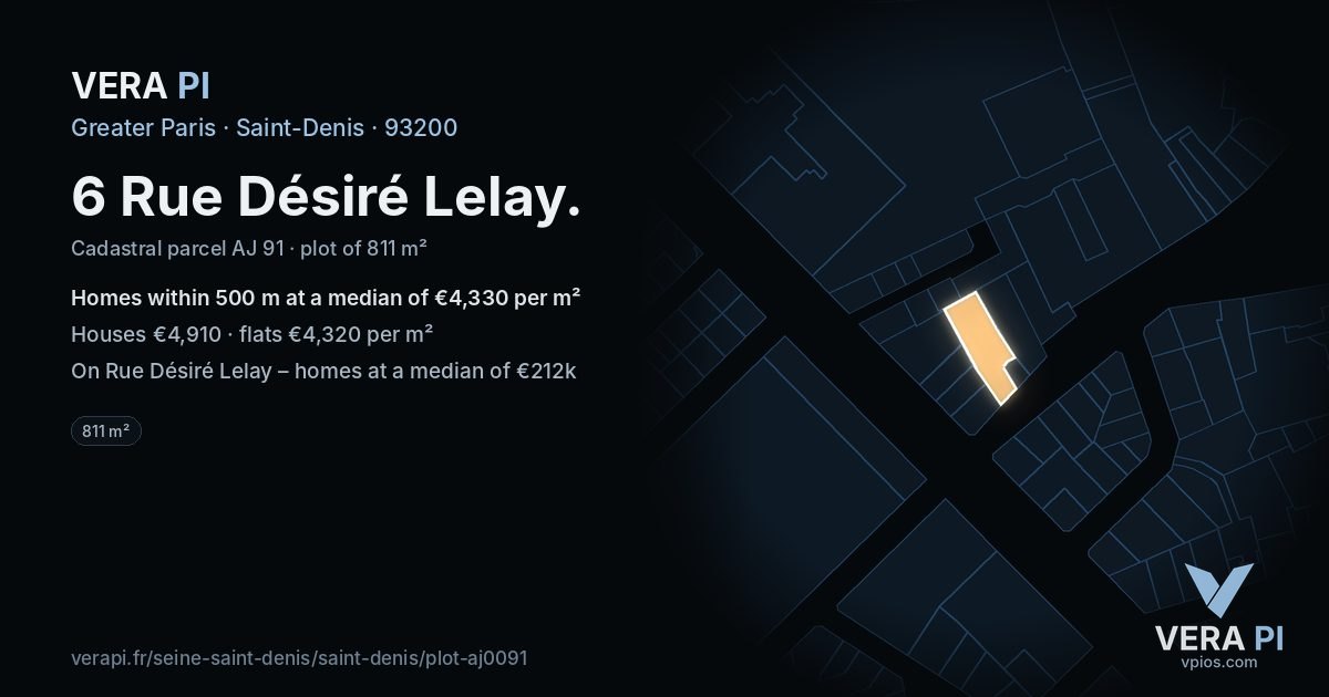6 Rue Désiré Lelay, Saint-Denis at night – the plot lit, the parcels around coloured by the prices near them