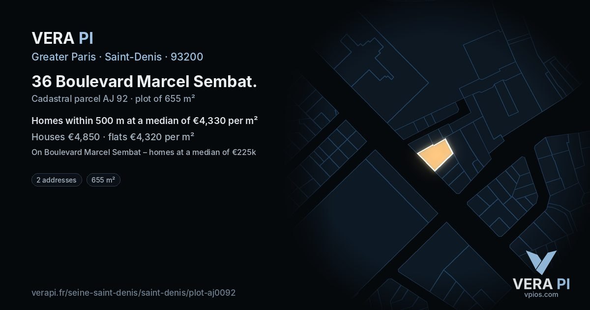 36 Boulevard Marcel Sembat, Saint-Denis at night – the plot lit, the parcels around coloured by the prices near them