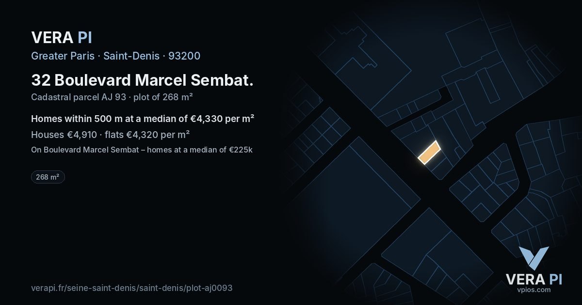 32 Boulevard Marcel Sembat, Saint-Denis at night – the plot lit, the parcels around coloured by the prices near them