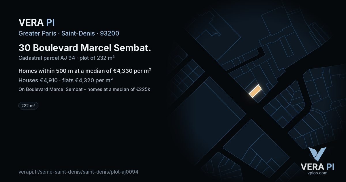 30 Boulevard Marcel Sembat, Saint-Denis at night – the plot lit, the parcels around coloured by the prices near them
