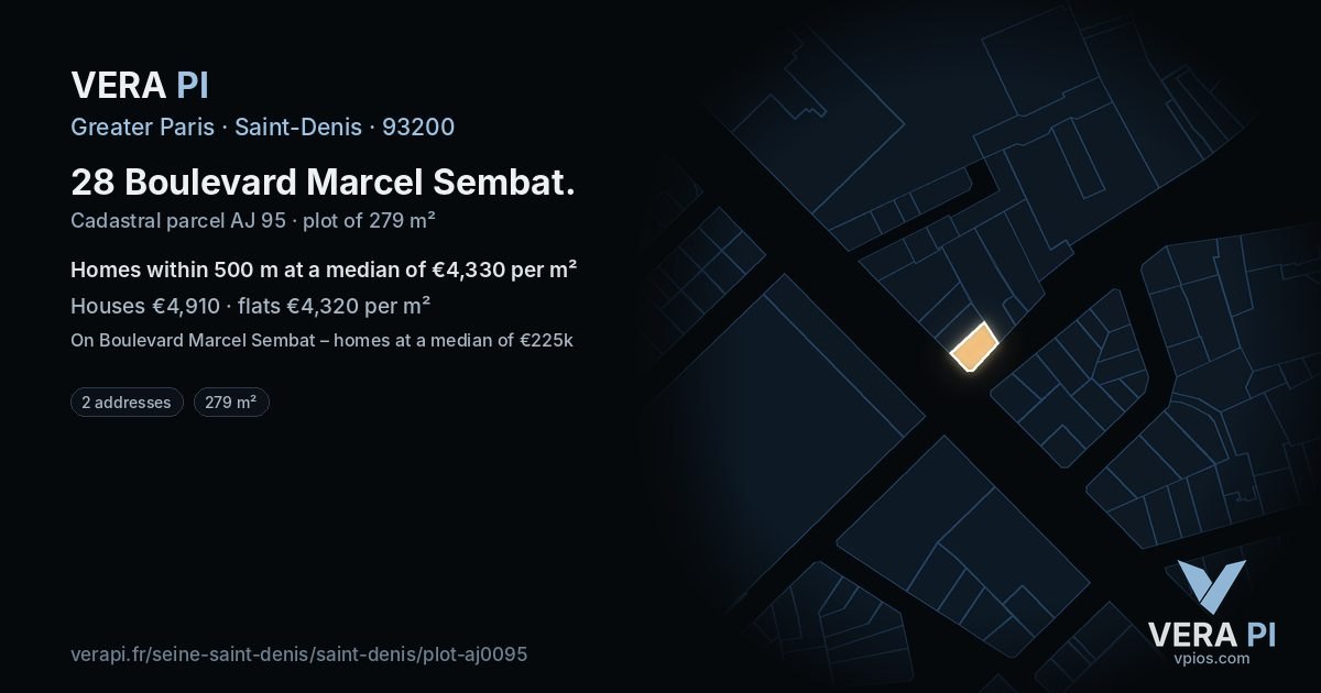 28 Boulevard Marcel Sembat, Saint-Denis at night – the plot lit, the parcels around coloured by the prices near them