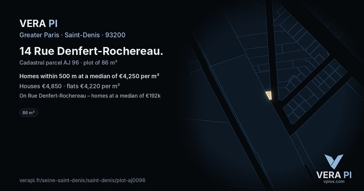 14 Rue Denfert-Rochereau, Saint-Denis at night – the plot lit, the parcels around coloured by the prices near them
