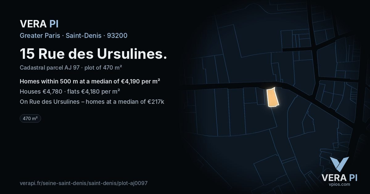 15 Rue des Ursulines, Saint-Denis at night – the plot lit, the parcels around coloured by the prices near them