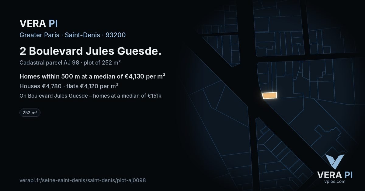 2 Boulevard Jules Guesde, Saint-Denis at night – the plot lit, the parcels around coloured by the prices near them