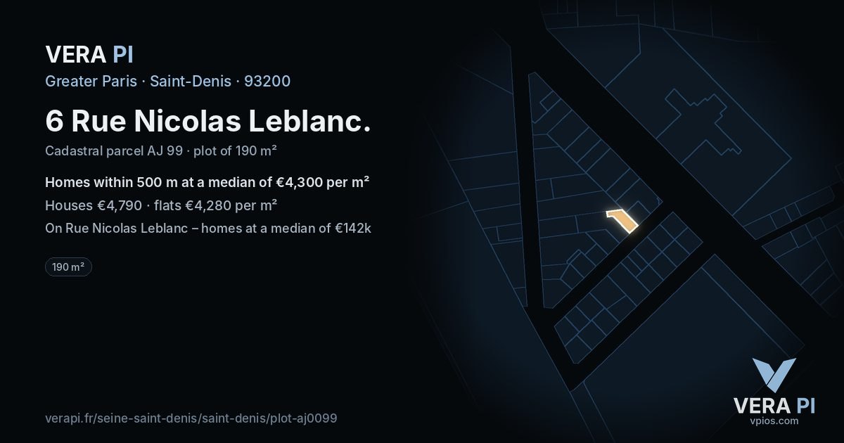 6 Rue Nicolas Leblanc, Saint-Denis at night – the plot lit, the parcels around coloured by the prices near them
