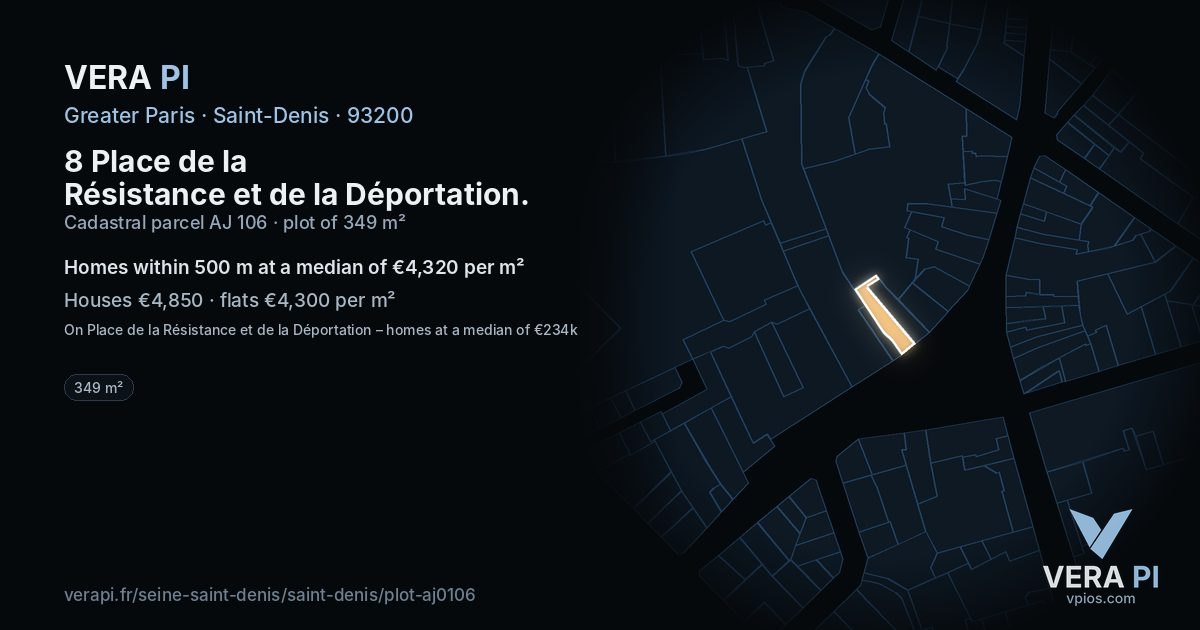 8 Place de la Résistance et de la Déportation, Saint-Denis at night – the plot lit, the parcels around coloured by the prices near them