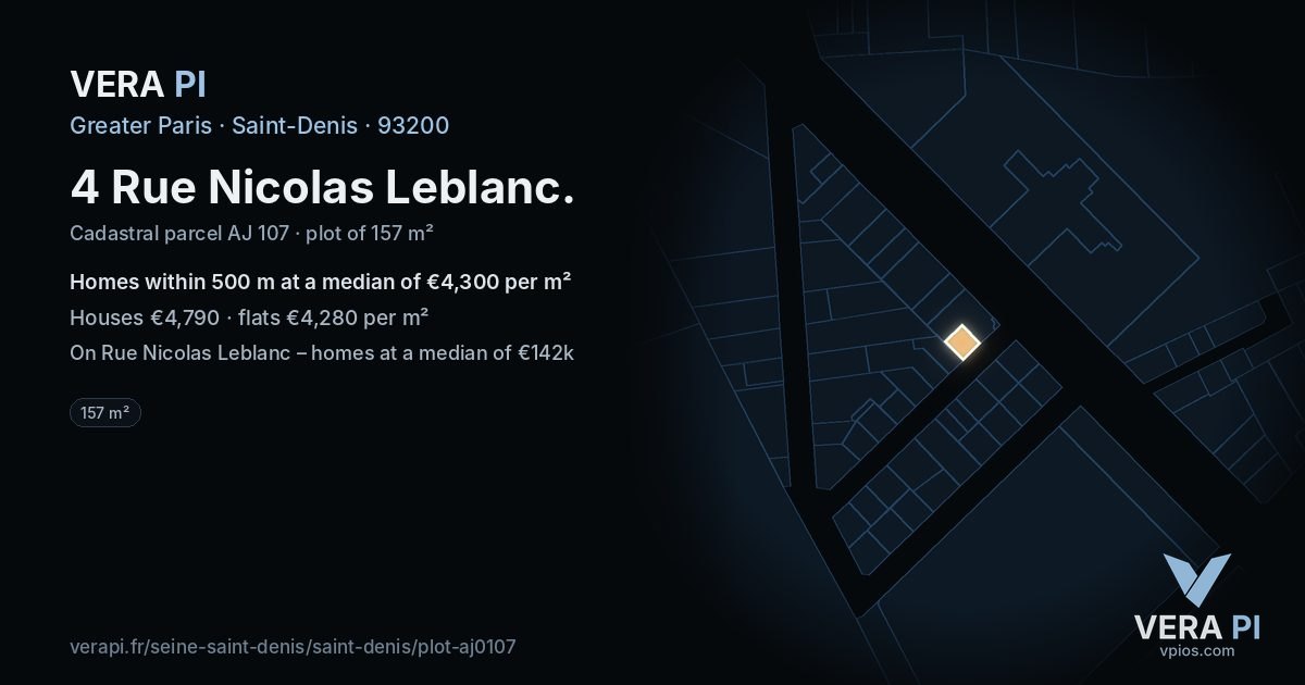 4 Rue Nicolas Leblanc, Saint-Denis at night – the plot lit, the parcels around coloured by the prices near them