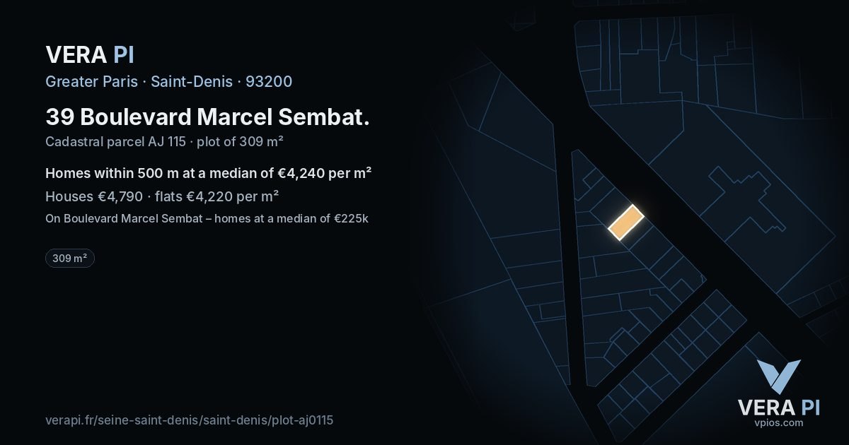 39 Boulevard Marcel Sembat, Saint-Denis at night – the plot lit, the parcels around coloured by the prices near them