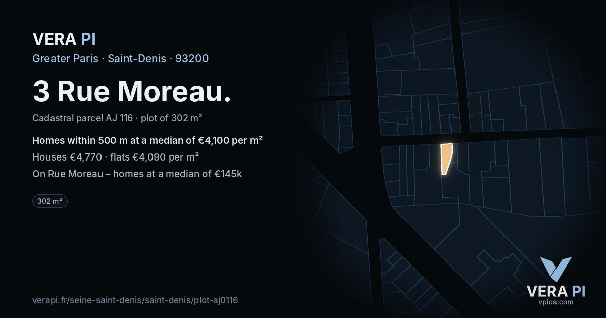 3 Rue Moreau, Saint-Denis at night – the plot lit, the parcels around coloured by the prices near them