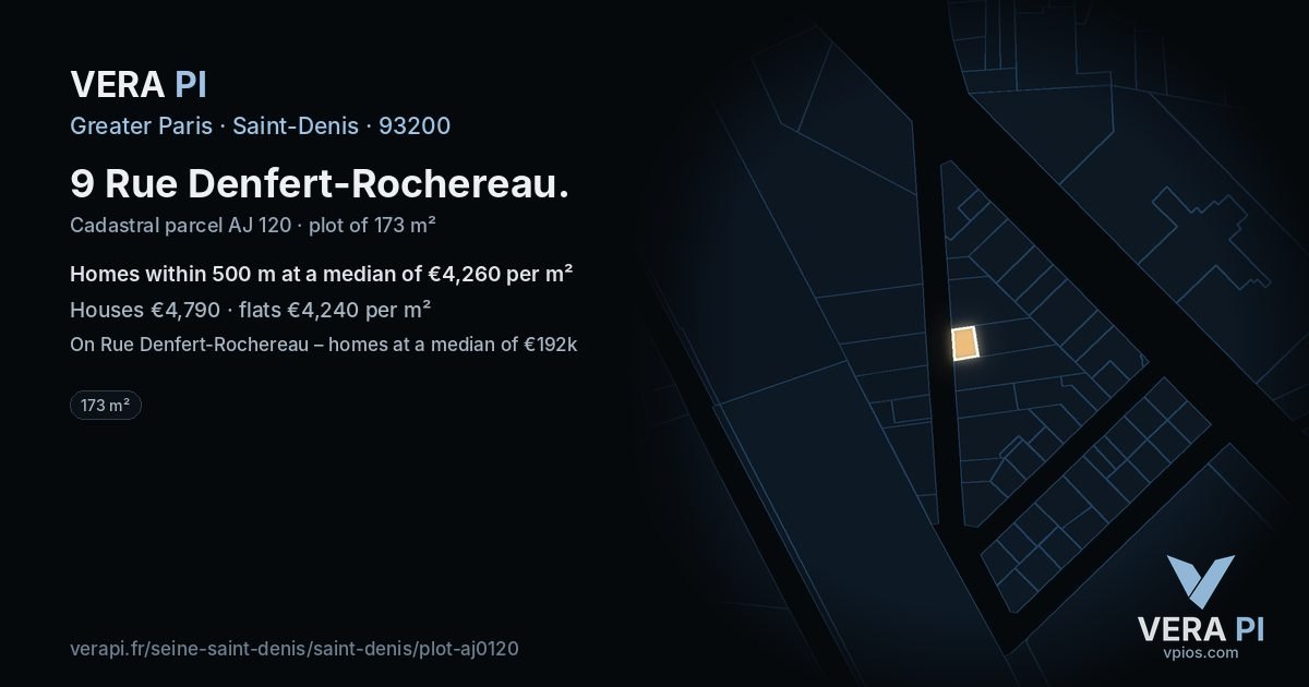 9 Rue Denfert-Rochereau, Saint-Denis at night – the plot lit, the parcels around coloured by the prices near them