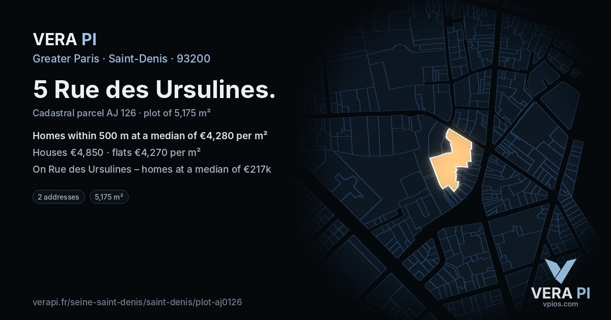 5 Rue des Ursulines, Saint-Denis at night – the plot lit, the parcels around coloured by the prices near them