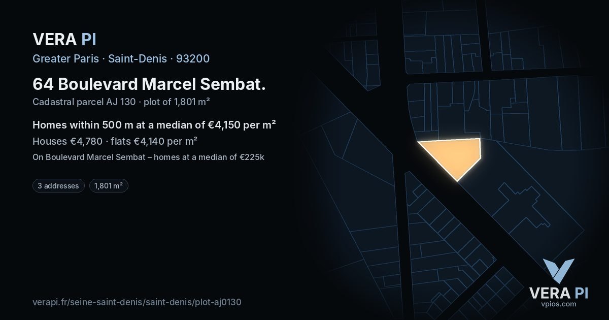 64 Boulevard Marcel Sembat, Saint-Denis at night – the plot lit, the parcels around coloured by the prices near them