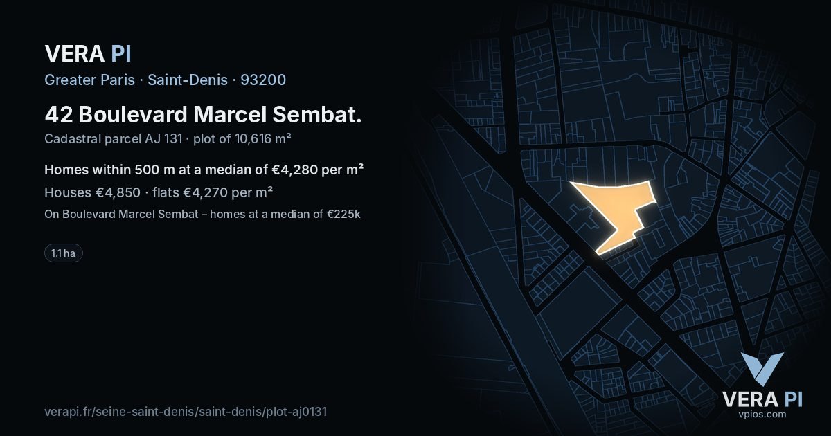 42 Boulevard Marcel Sembat, Saint-Denis at night – the plot lit, the parcels around coloured by the prices near them