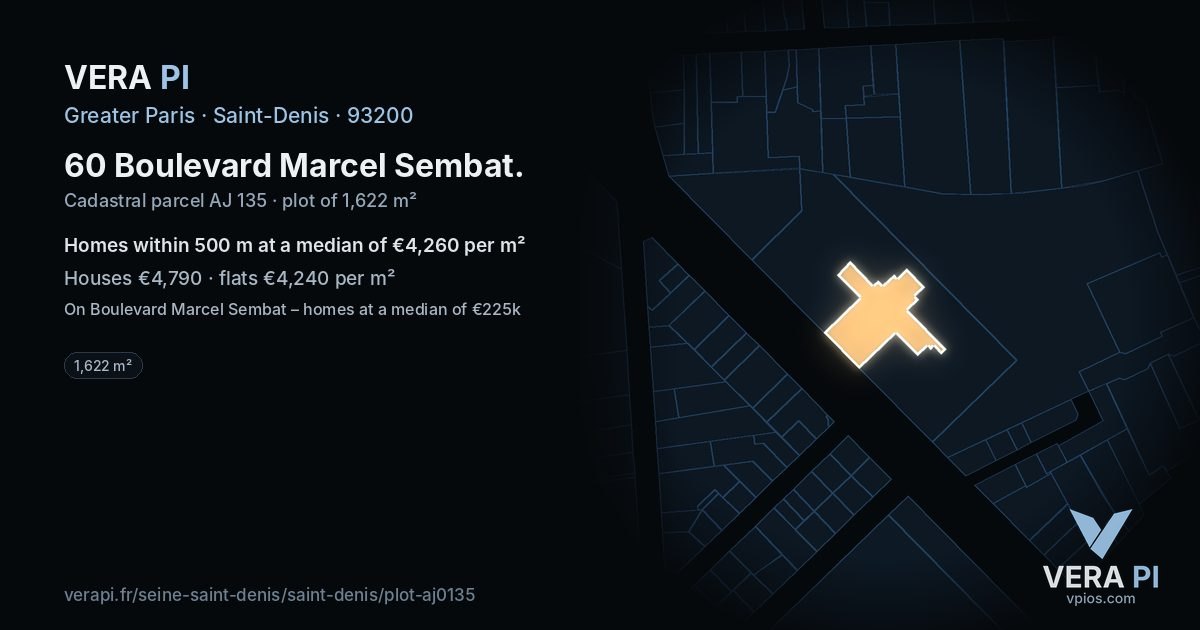 60 Boulevard Marcel Sembat, Saint-Denis at night – the plot lit, the parcels around coloured by the prices near them