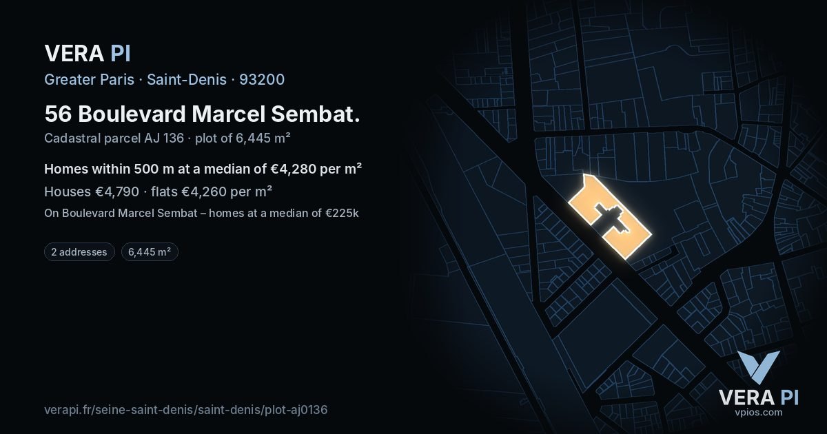 56 Boulevard Marcel Sembat, Saint-Denis at night – the plot lit, the parcels around coloured by the prices near them