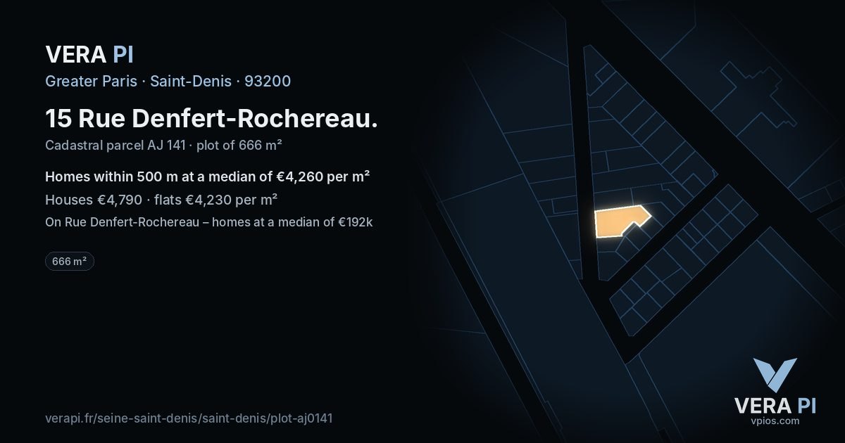 15 Rue Denfert-Rochereau, Saint-Denis at night – the plot lit, the parcels around coloured by the prices near them