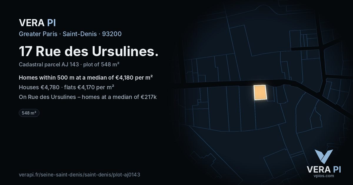 17 Rue des Ursulines, Saint-Denis at night – the plot lit, the parcels around coloured by the prices near them