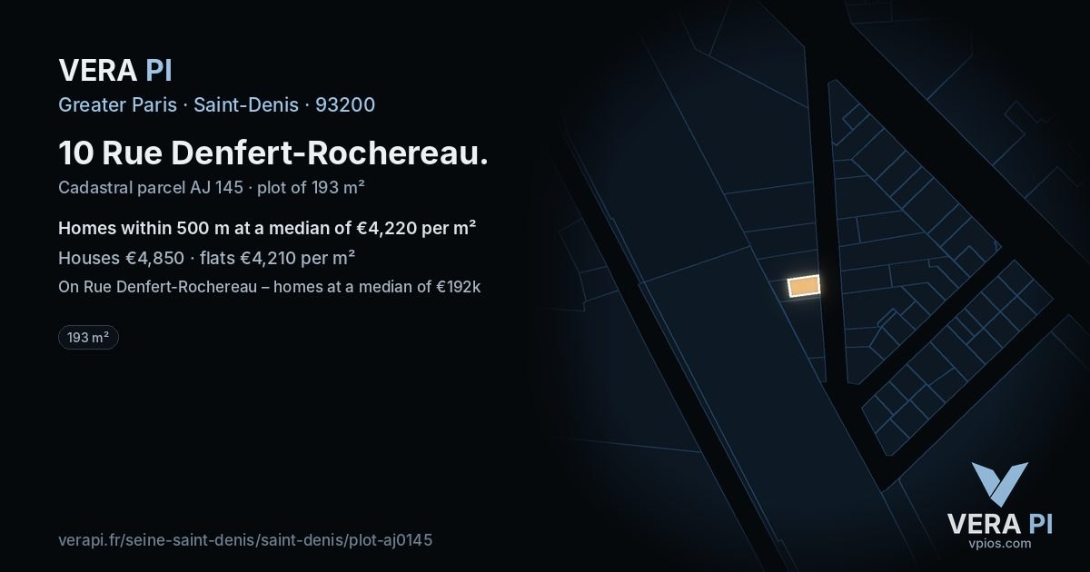 10 Rue Denfert-Rochereau, Saint-Denis at night – the plot lit, the parcels around coloured by the prices near them