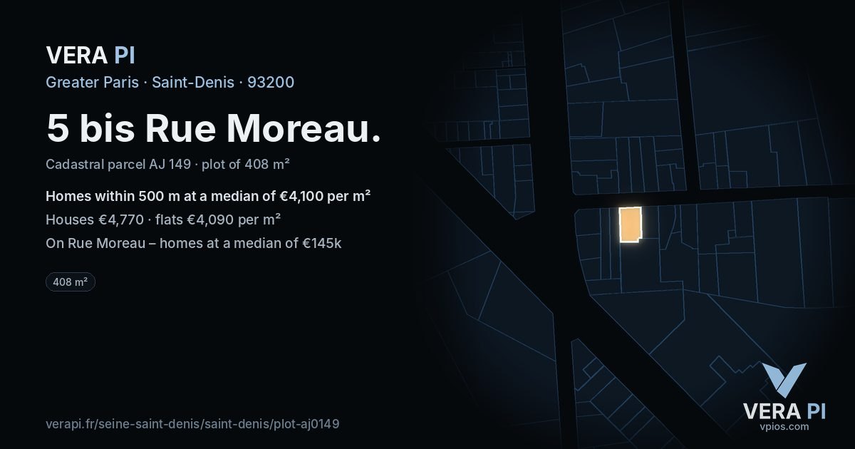 5 bis Rue Moreau, Saint-Denis at night – the plot lit, the parcels around coloured by the prices near them