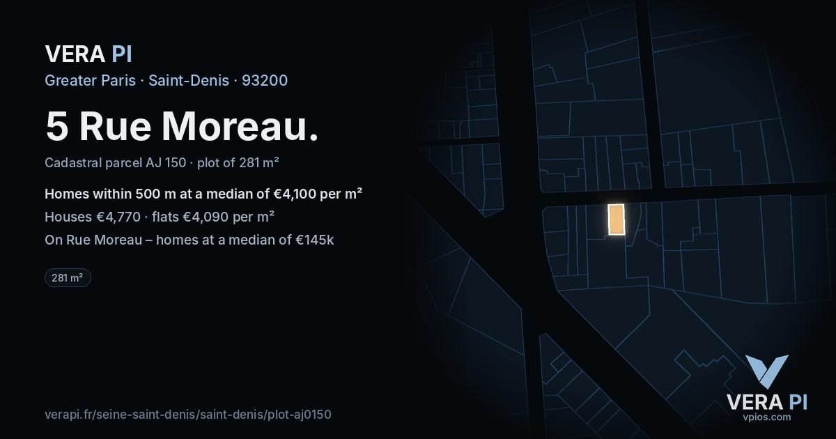 5 Rue Moreau, Saint-Denis at night – the plot lit, the parcels around coloured by the prices near them