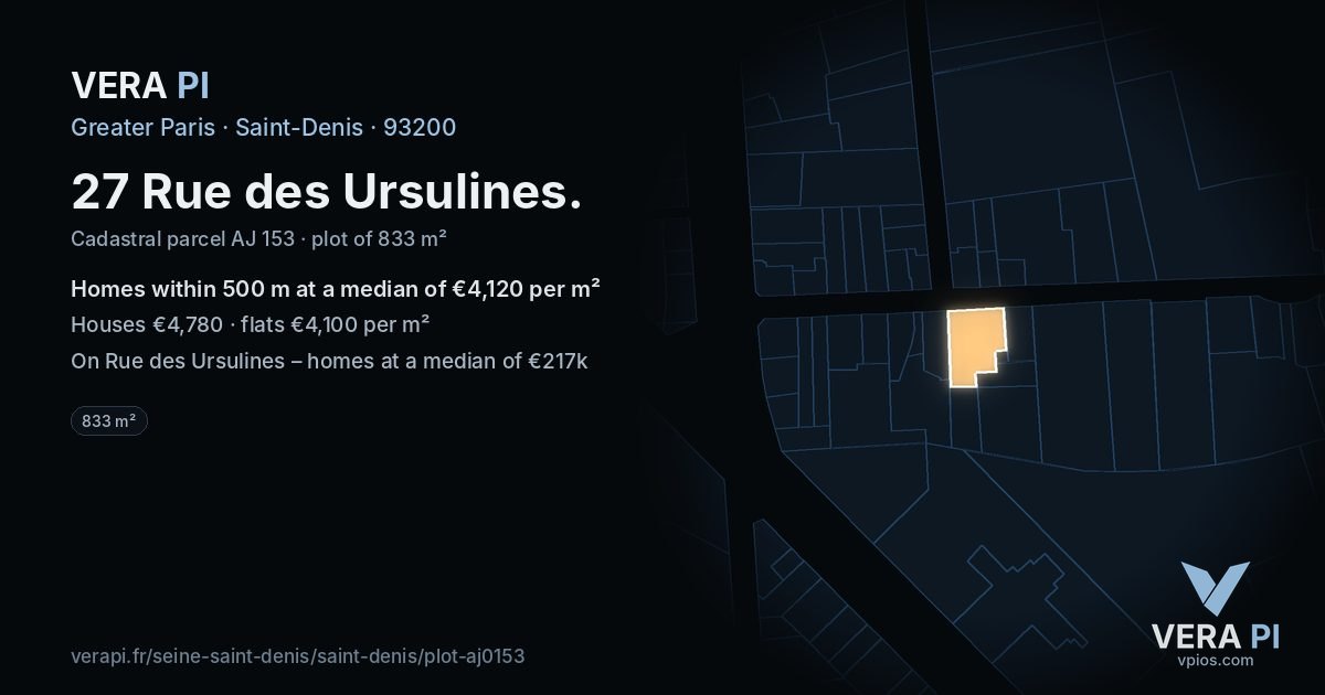 27 Rue des Ursulines, Saint-Denis at night – the plot lit, the parcels around coloured by the prices near them