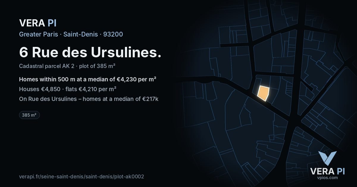 6 Rue des Ursulines, Saint-Denis at night – the plot lit, the parcels around coloured by the prices near them