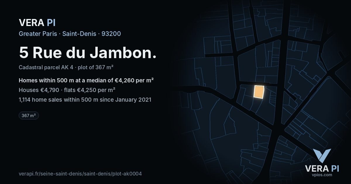 5 Rue du Jambon, Saint-Denis at night – the plot lit, the parcels around coloured by the prices near them