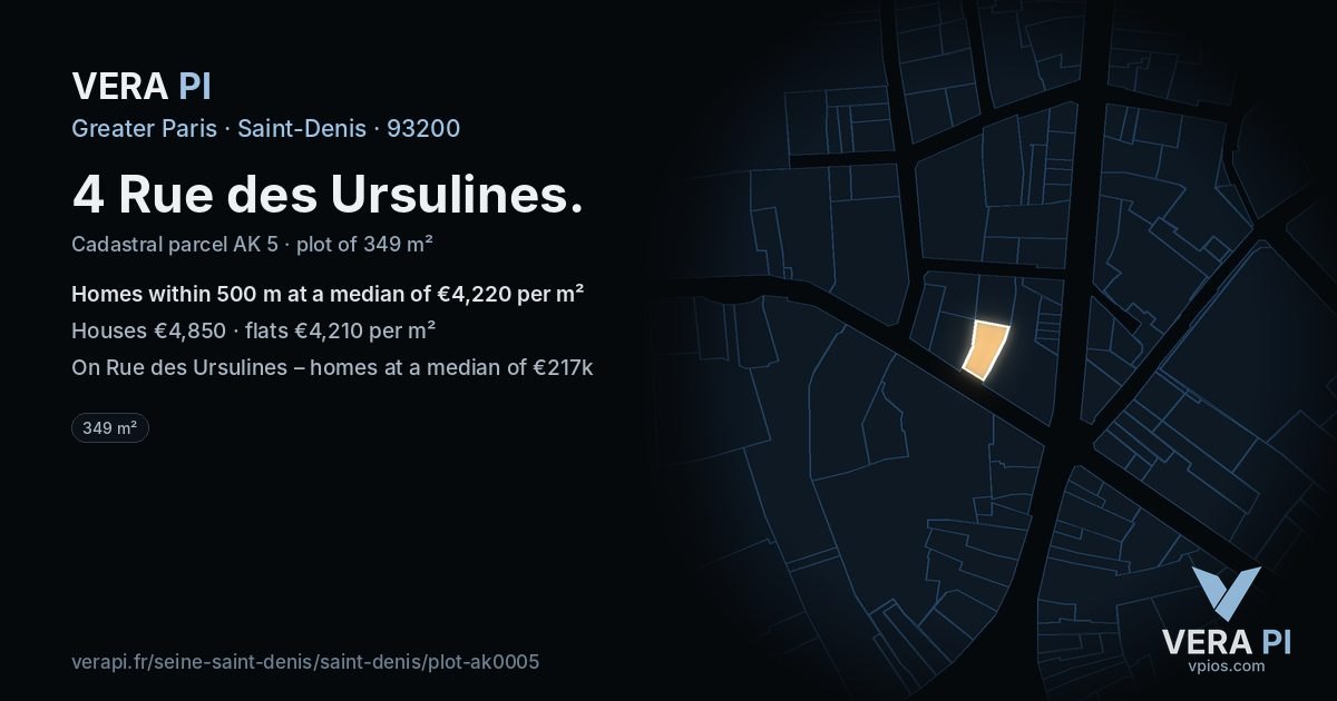 4 Rue des Ursulines, Saint-Denis at night – the plot lit, the parcels around coloured by the prices near them