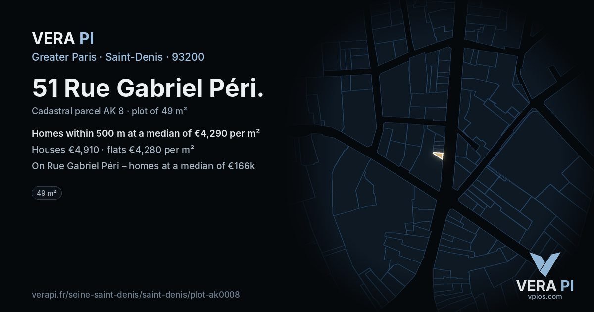 51 Rue Gabriel Péri, Saint-Denis at night – the plot lit, the parcels around coloured by the prices near them
