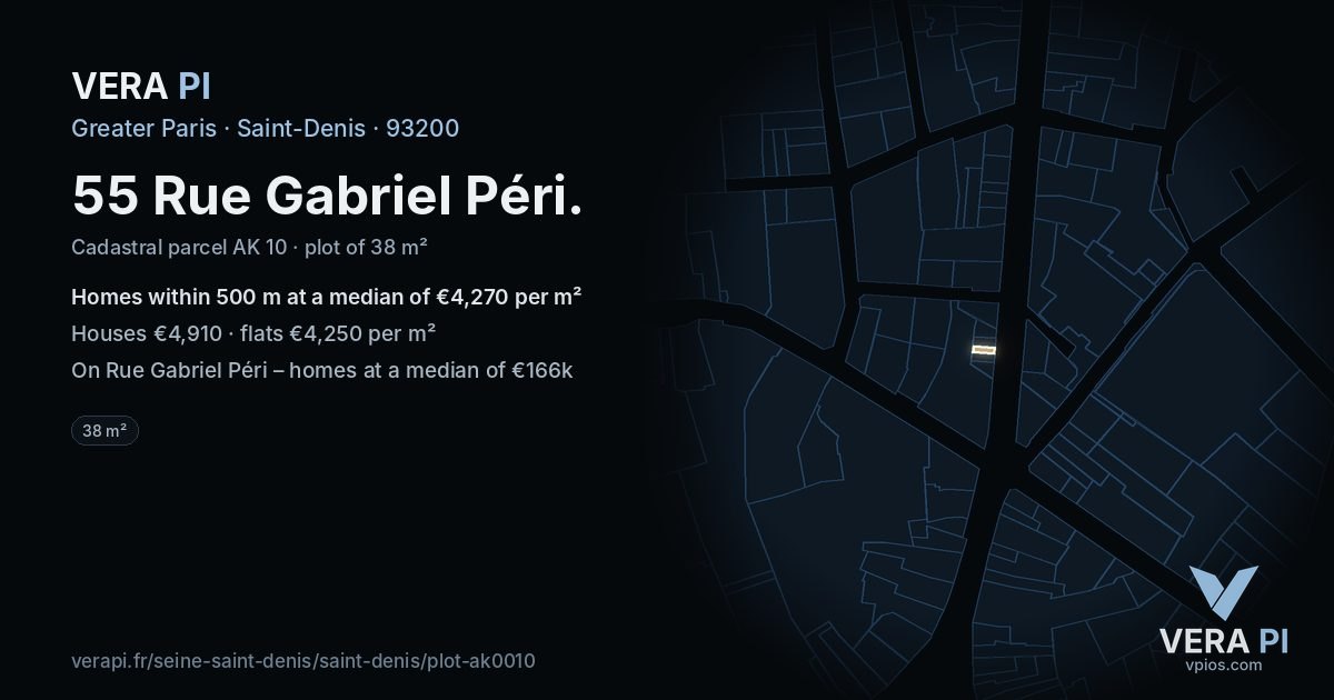 55 Rue Gabriel Péri, Saint-Denis at night – the plot lit, the parcels around coloured by the prices near them