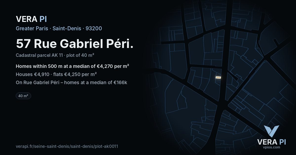 57 Rue Gabriel Péri, Saint-Denis at night – the plot lit, the parcels around coloured by the prices near them