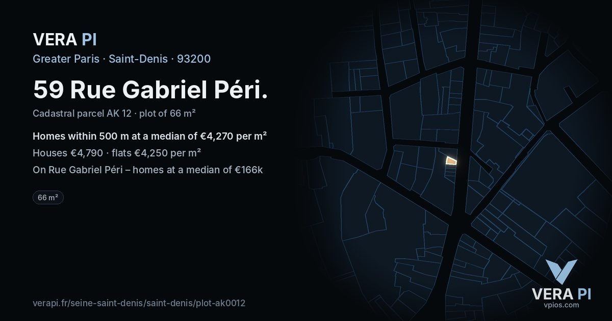 59 Rue Gabriel Péri, Saint-Denis at night – the plot lit, the parcels around coloured by the prices near them