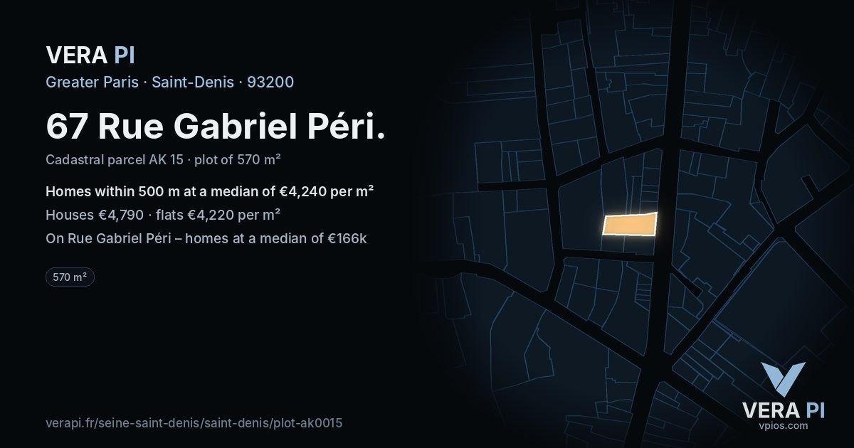 67 Rue Gabriel Péri, Saint-Denis at night – the plot lit, the parcels around coloured by the prices near them