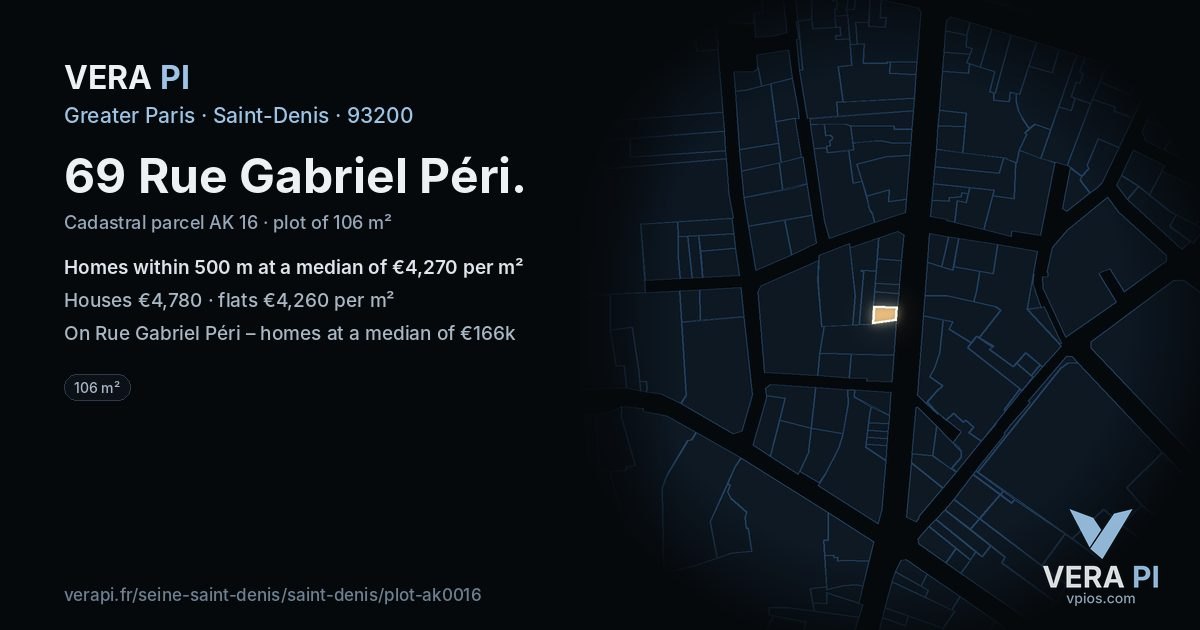 69 Rue Gabriel Péri, Saint-Denis at night – the plot lit, the parcels around coloured by the prices near them