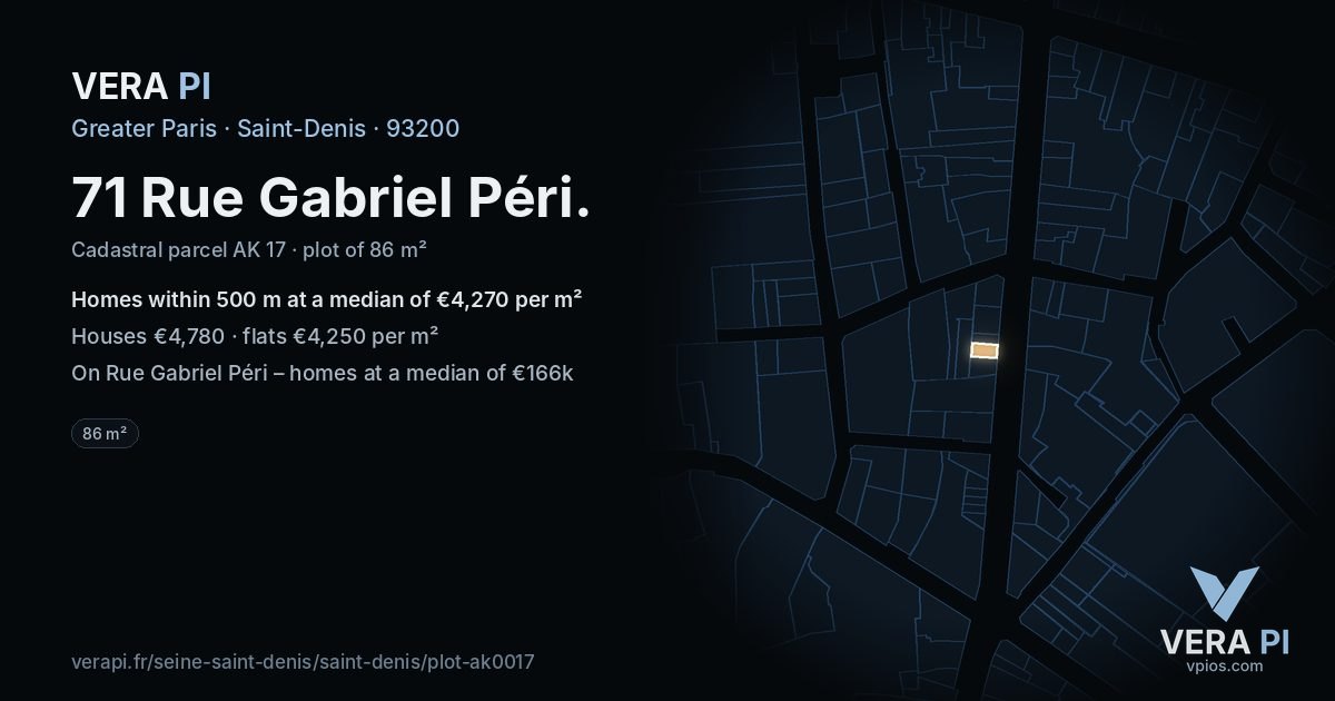 71 Rue Gabriel Péri, Saint-Denis at night – the plot lit, the parcels around coloured by the prices near them