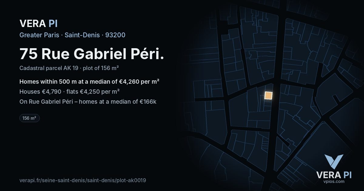 75 Rue Gabriel Péri, Saint-Denis at night – the plot lit, the parcels around coloured by the prices near them