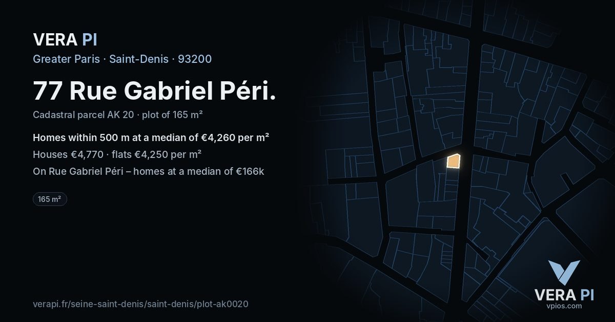 77 Rue Gabriel Péri, Saint-Denis at night – the plot lit, the parcels around coloured by the prices near them