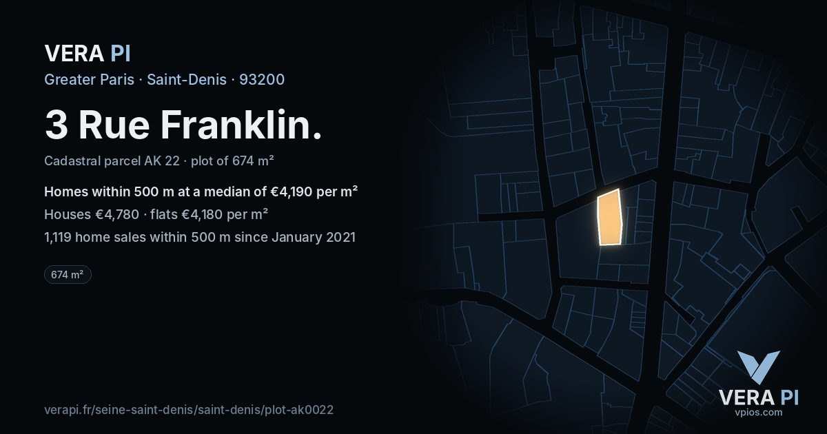 3 Rue Franklin, Saint-Denis at night – the plot lit, the parcels around coloured by the prices near them