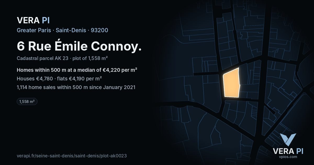 6 Rue Émile Connoy, Saint-Denis at night – the plot lit, the parcels around coloured by the prices near them