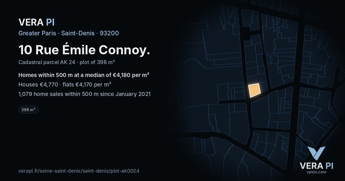 10 Rue Émile Connoy, Saint-Denis at night – the plot lit, the parcels around coloured by the prices near them