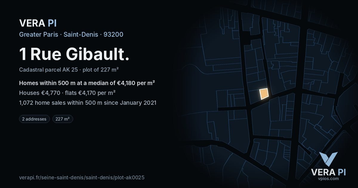 1 Rue Gibault, Saint-Denis at night – the plot lit, the parcels around coloured by the prices near them