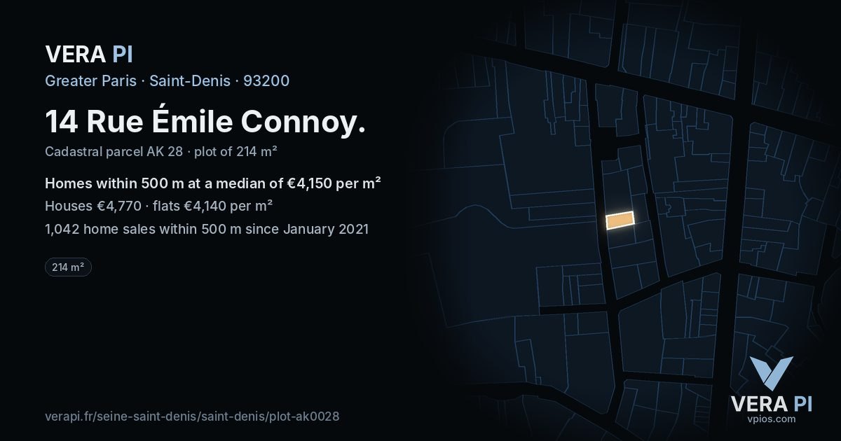 14 Rue Émile Connoy, Saint-Denis at night – the plot lit, the parcels around coloured by the prices near them