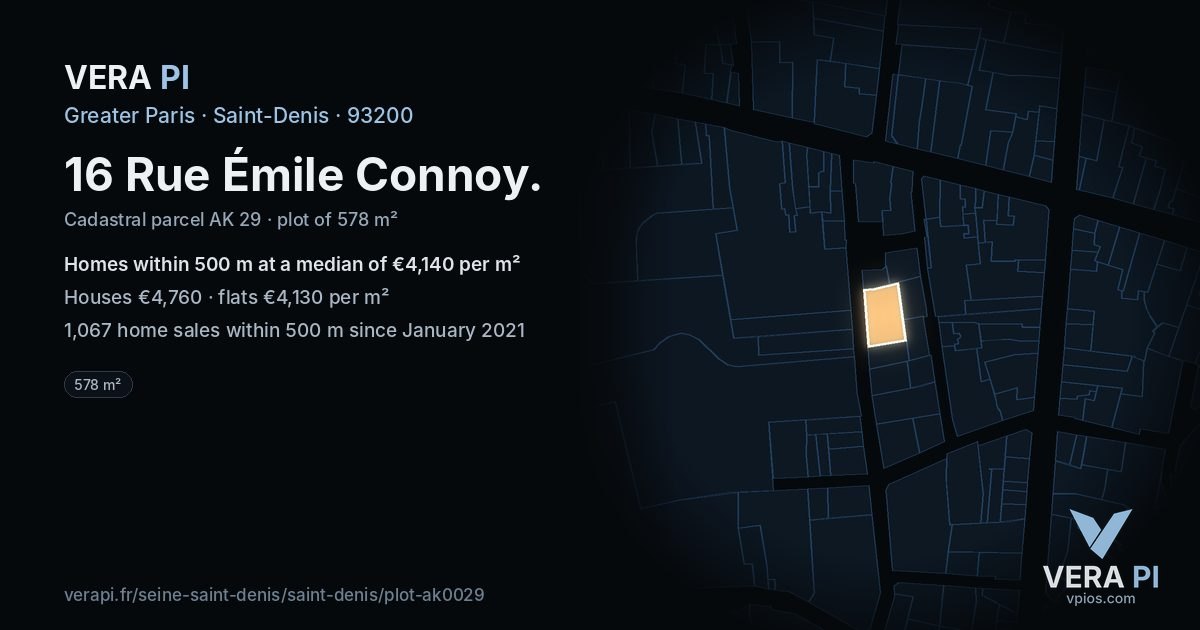 16 Rue Émile Connoy, Saint-Denis at night – the plot lit, the parcels around coloured by the prices near them