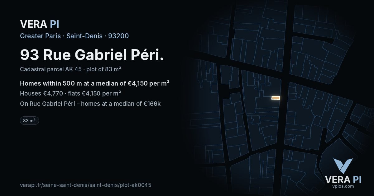 93 Rue Gabriel Péri, Saint-Denis at night – the plot lit, the parcels around coloured by the prices near them