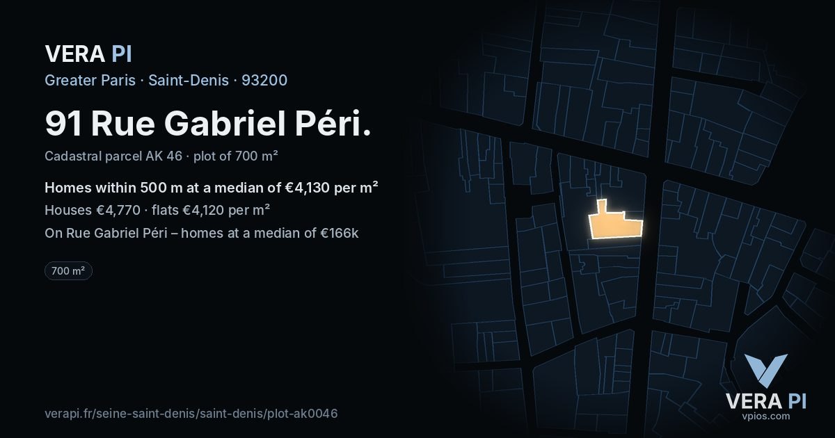 91 Rue Gabriel Péri, Saint-Denis at night – the plot lit, the parcels around coloured by the prices near them