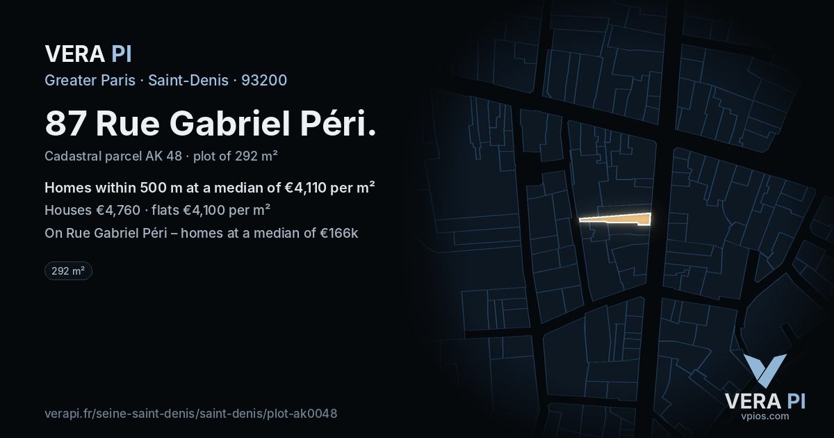 87 Rue Gabriel Péri, Saint-Denis at night – the plot lit, the parcels around coloured by the prices near them