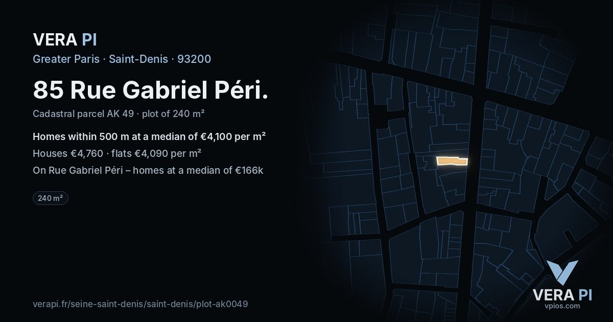 85 Rue Gabriel Péri, Saint-Denis at night – the plot lit, the parcels around coloured by the prices near them