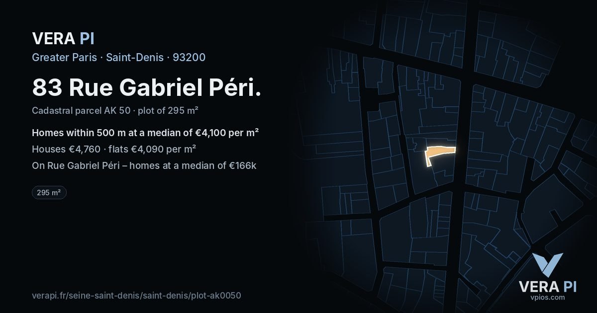 83 Rue Gabriel Péri, Saint-Denis at night – the plot lit, the parcels around coloured by the prices near them