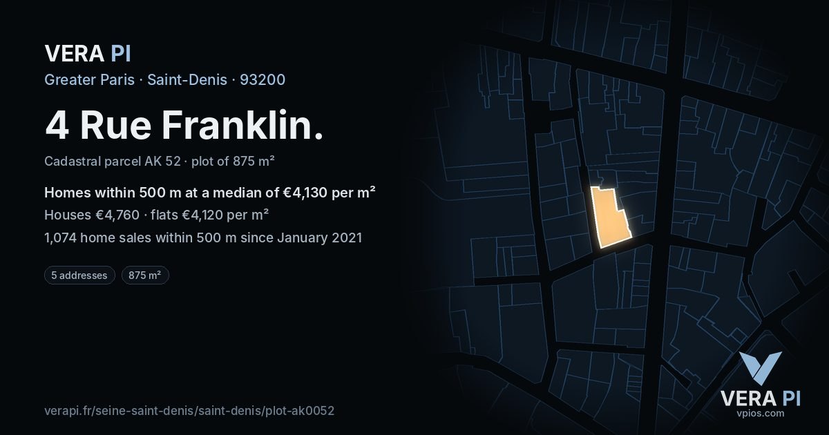 4 Rue Franklin, Saint-Denis at night – the plot lit, the parcels around coloured by the prices near them